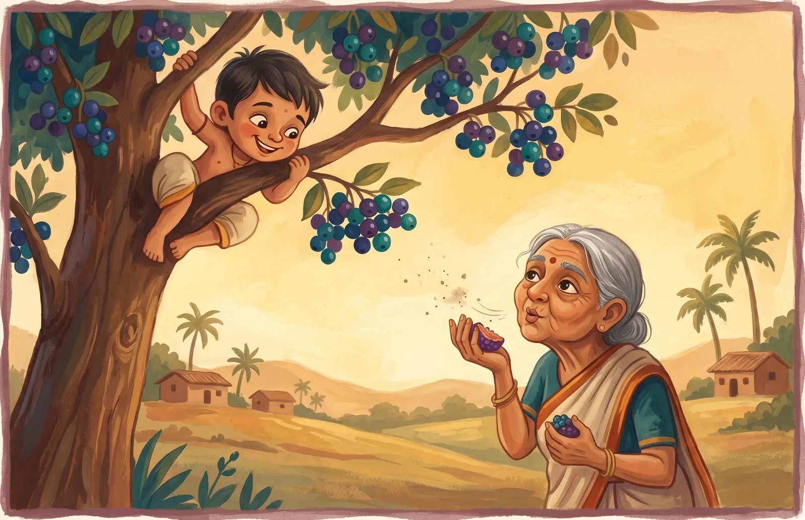 A cheeky boy grinning down from a berry tree at an old poet woman below, who blows dust off a piece of fruit.