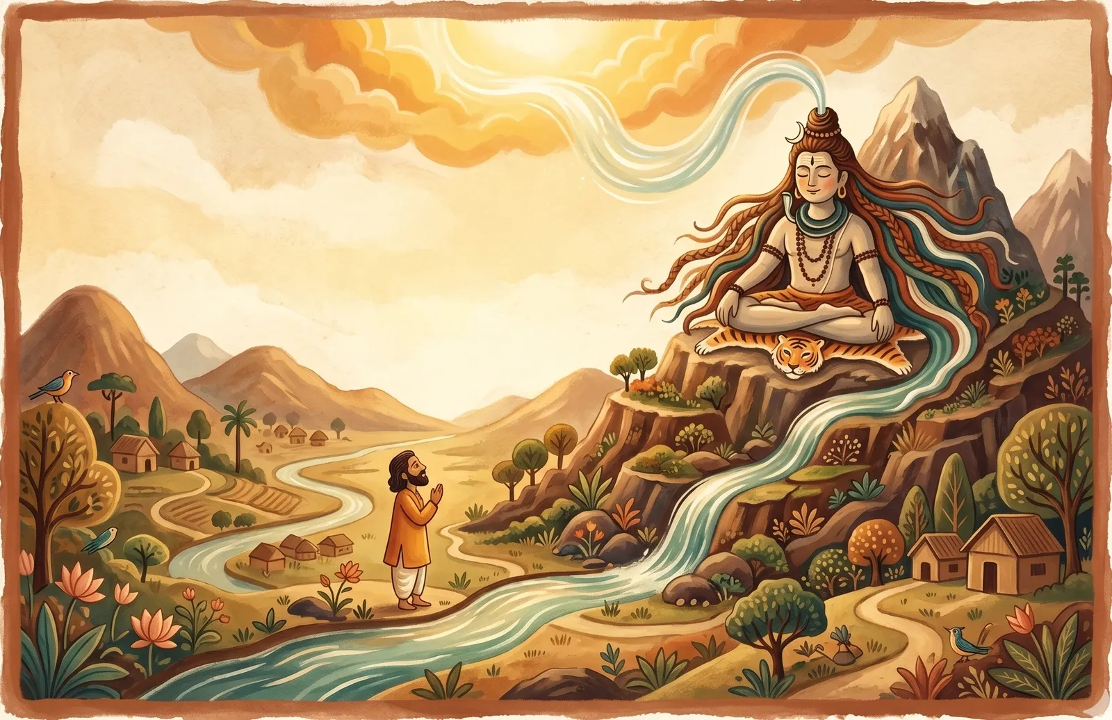 A shining river pouring from the heavens through the matted hair of a calm seated god, a devoted king below leading it onward.