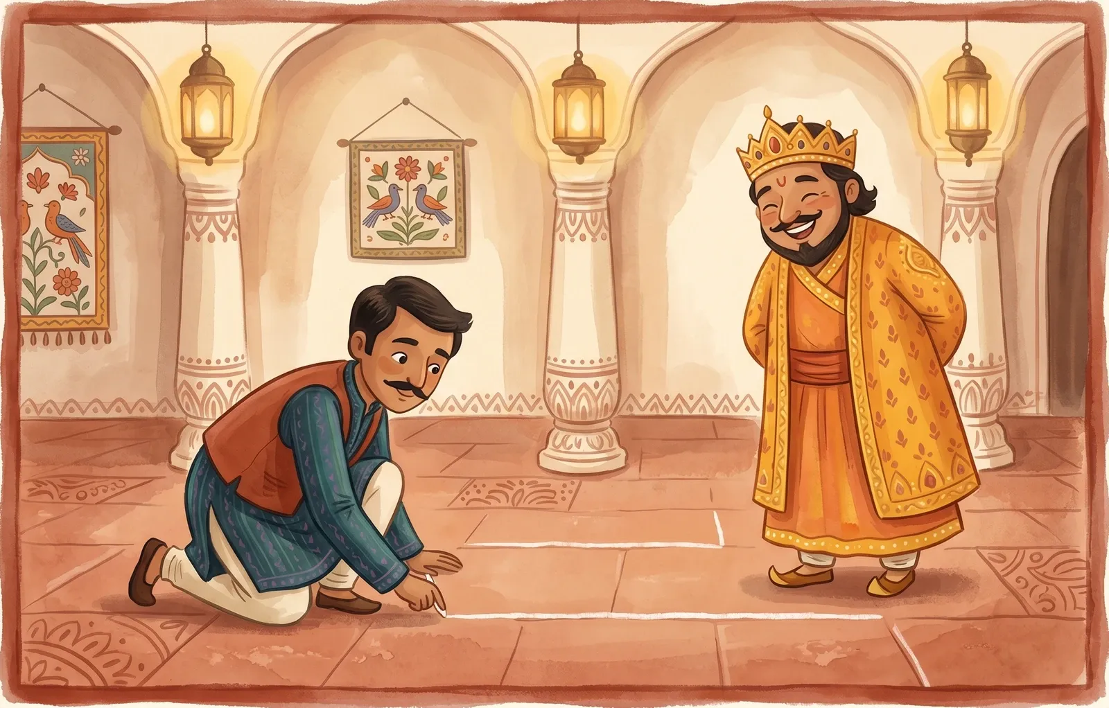 A clever minister kneeling to draw a long chalk line beside a shorter one as an emperor watches, delighted.