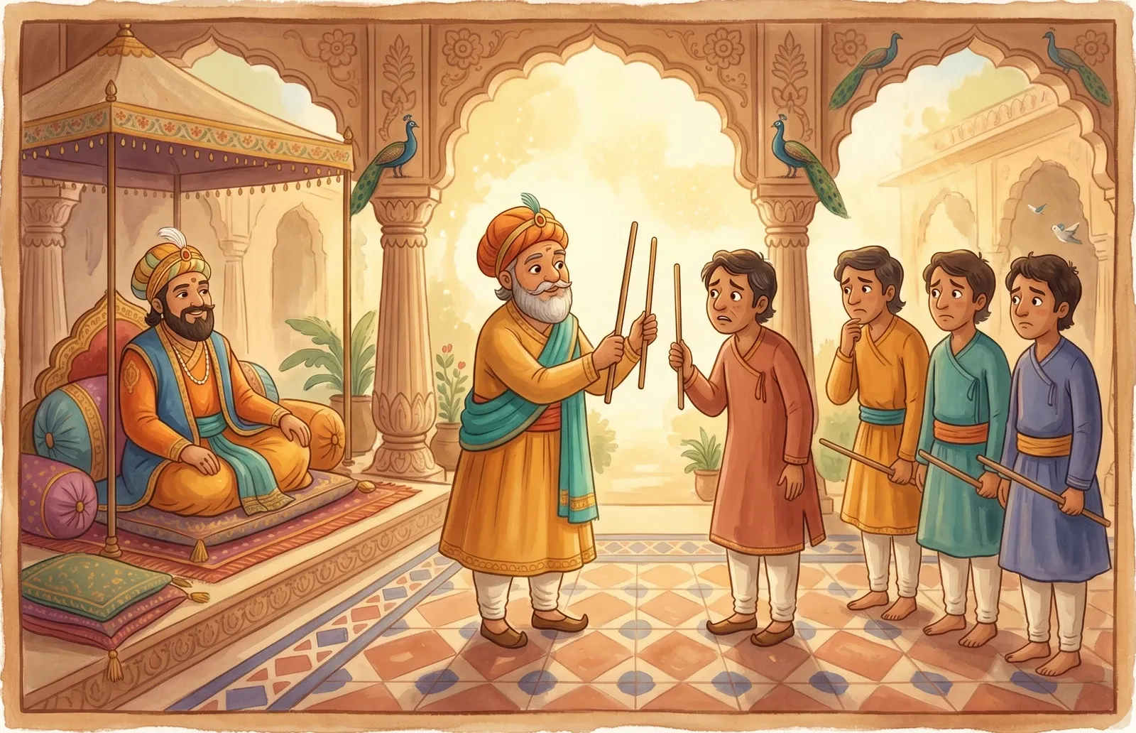 A wise minister comparing two thin sticks before a row of nervous servants as an amused emperor watches.