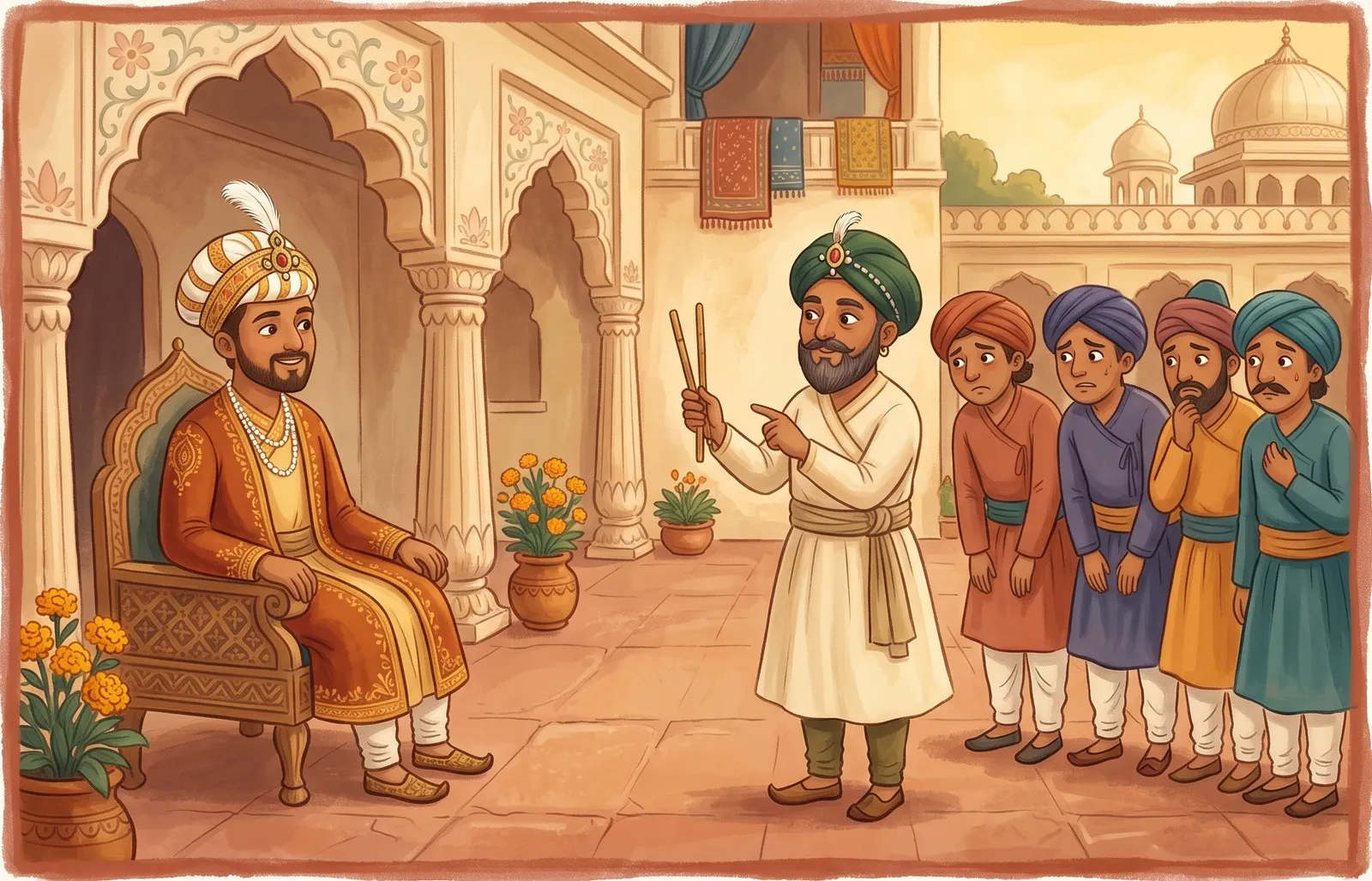 A wise minister comparing two thin sticks before a row of nervous servants as an amused emperor watches.