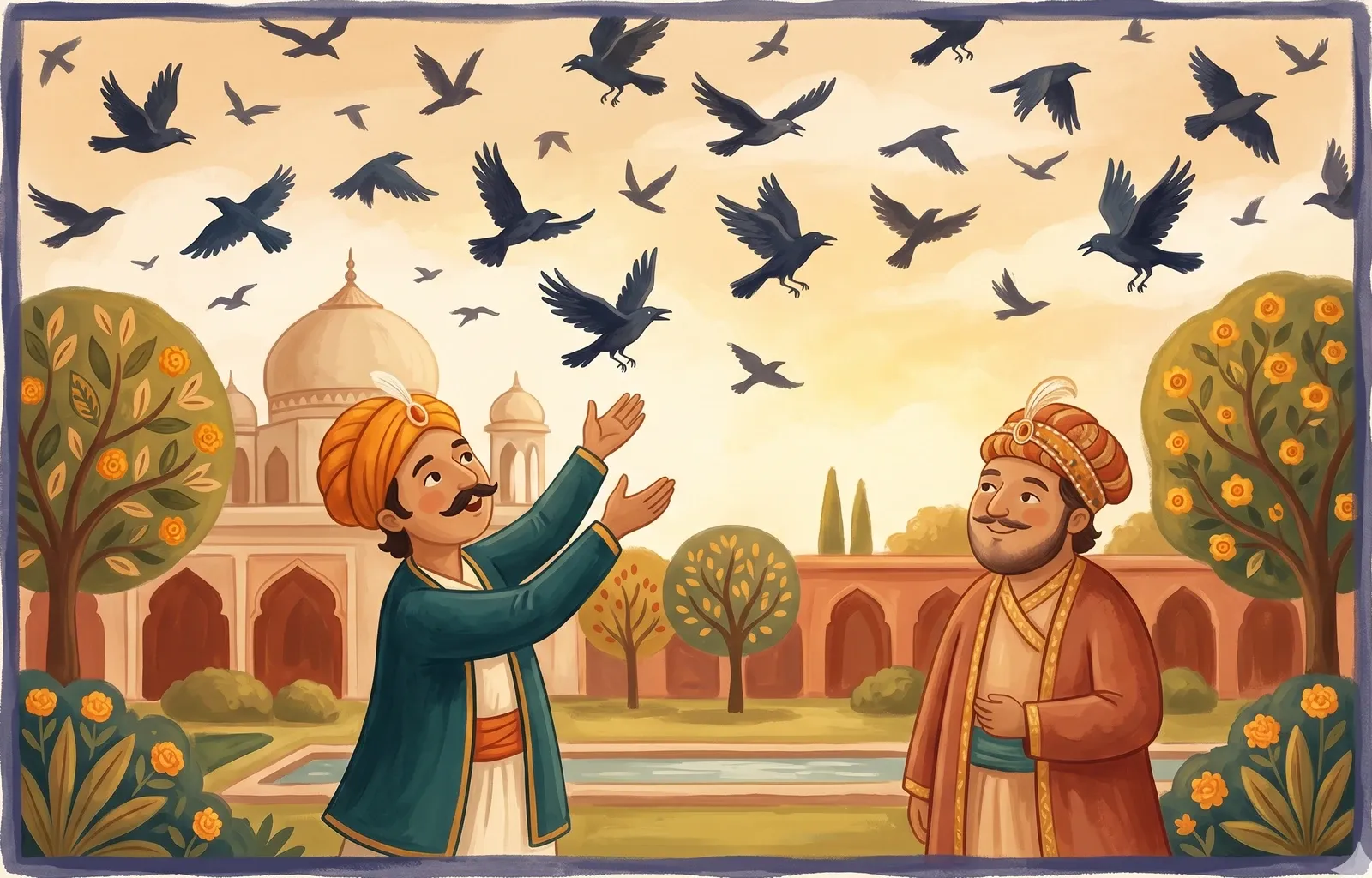 A clever minister gesturing up at a sky full of crows over a domed palace garden as an amused emperor watches.