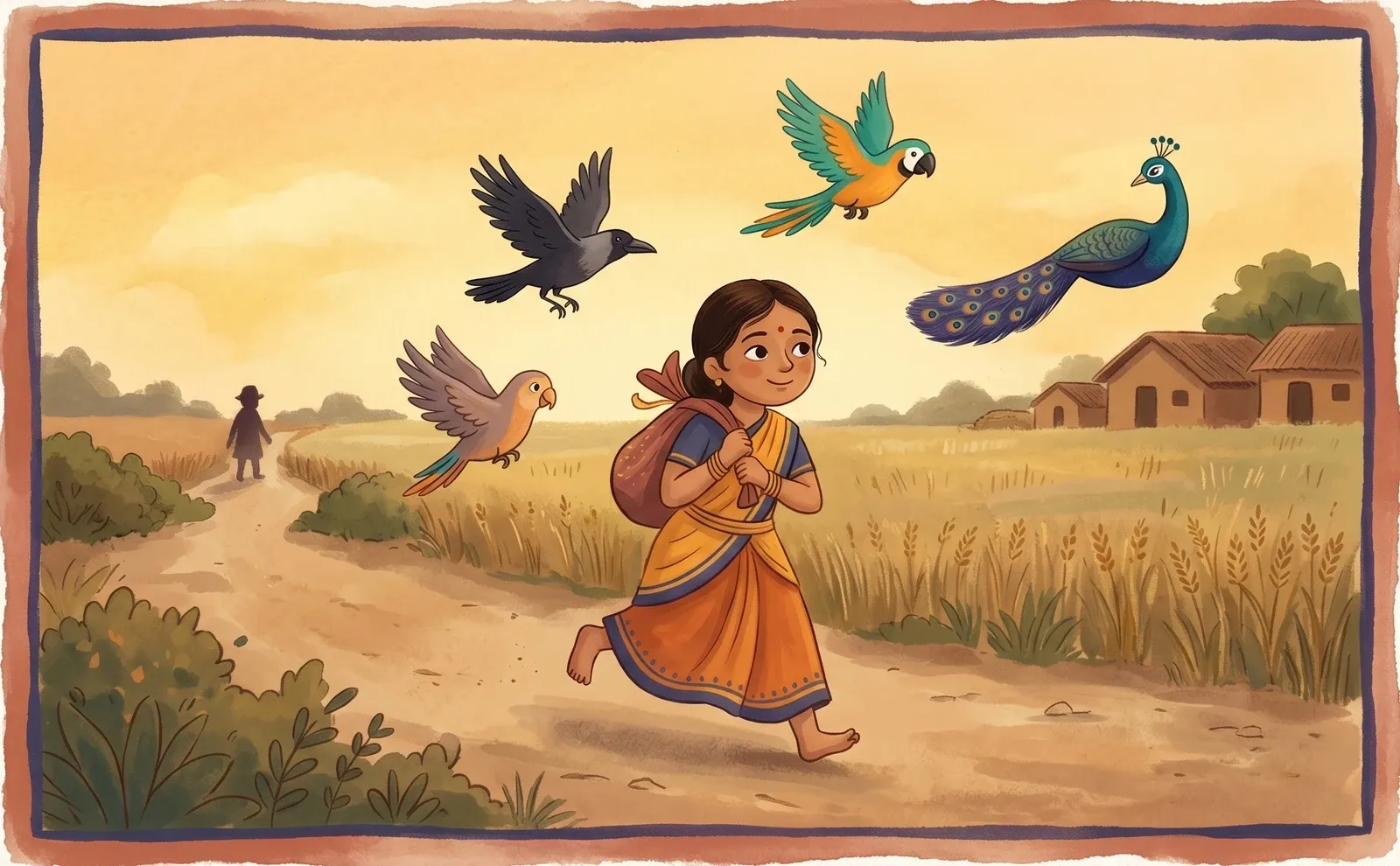 A clever village girl running along a dusk path with a bundle of treasure as a crow, parrot and peacock fly protectively around her.