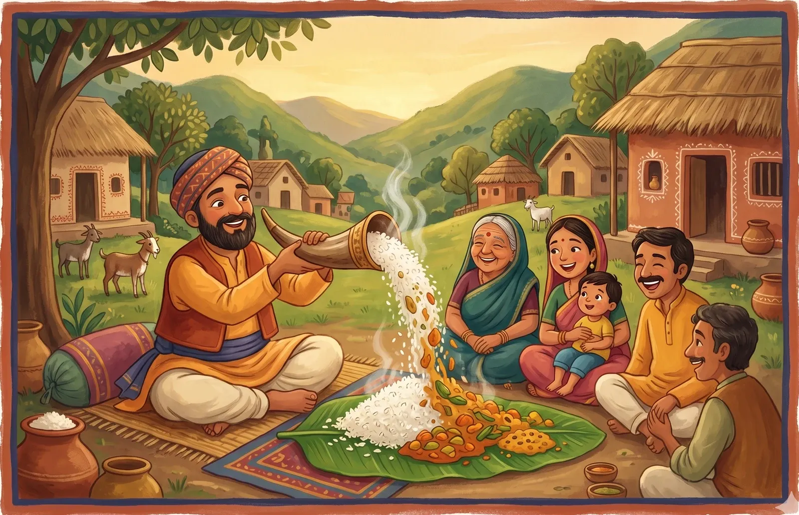 A cheerful hill man holding a deer's horn pouring out steaming rice and food onto a leaf as delighted villagers gather around.
