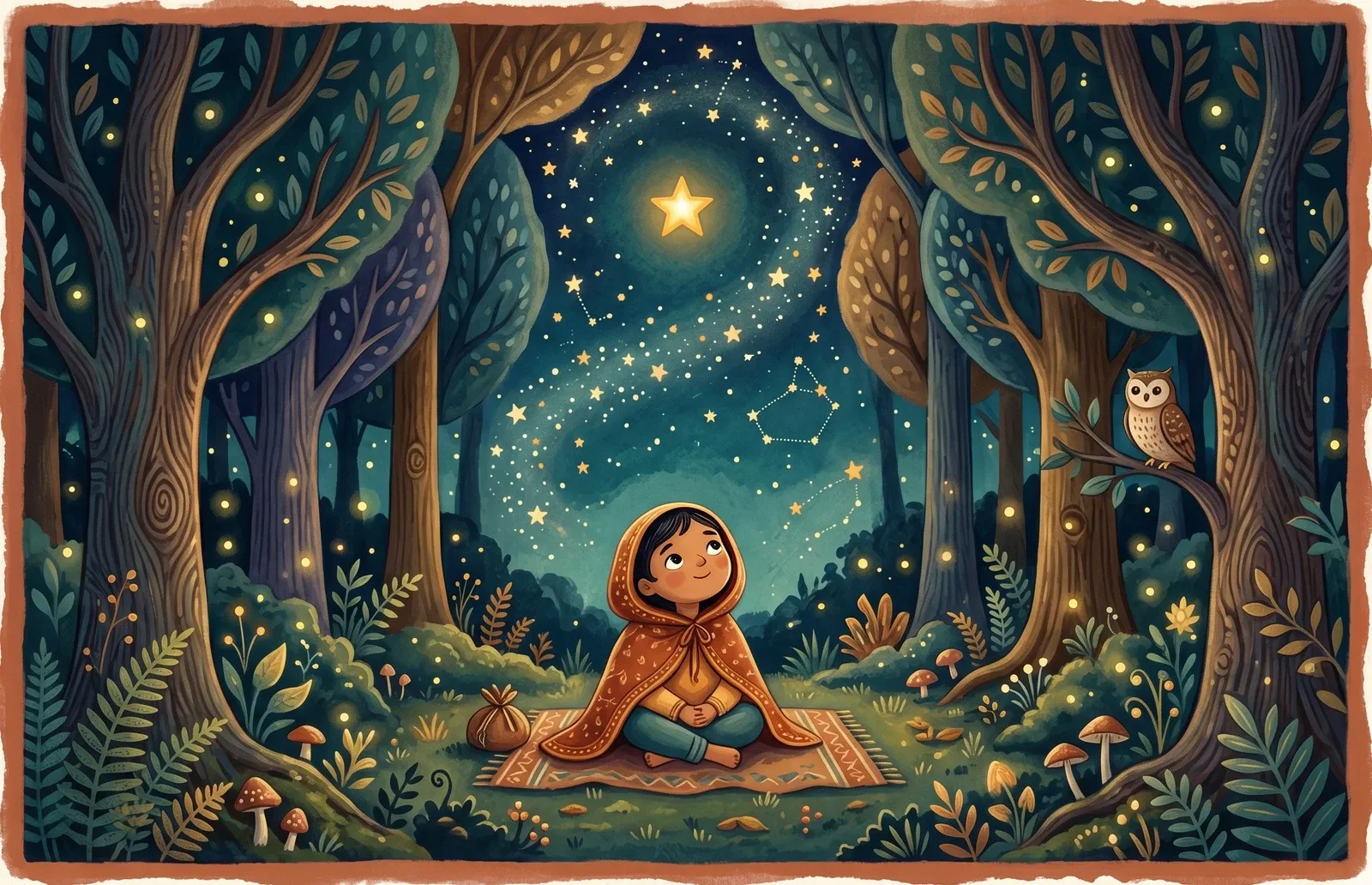 A small child sitting peacefully in a dark forest, gazing up at a single bright steady star in a softly turning sky.