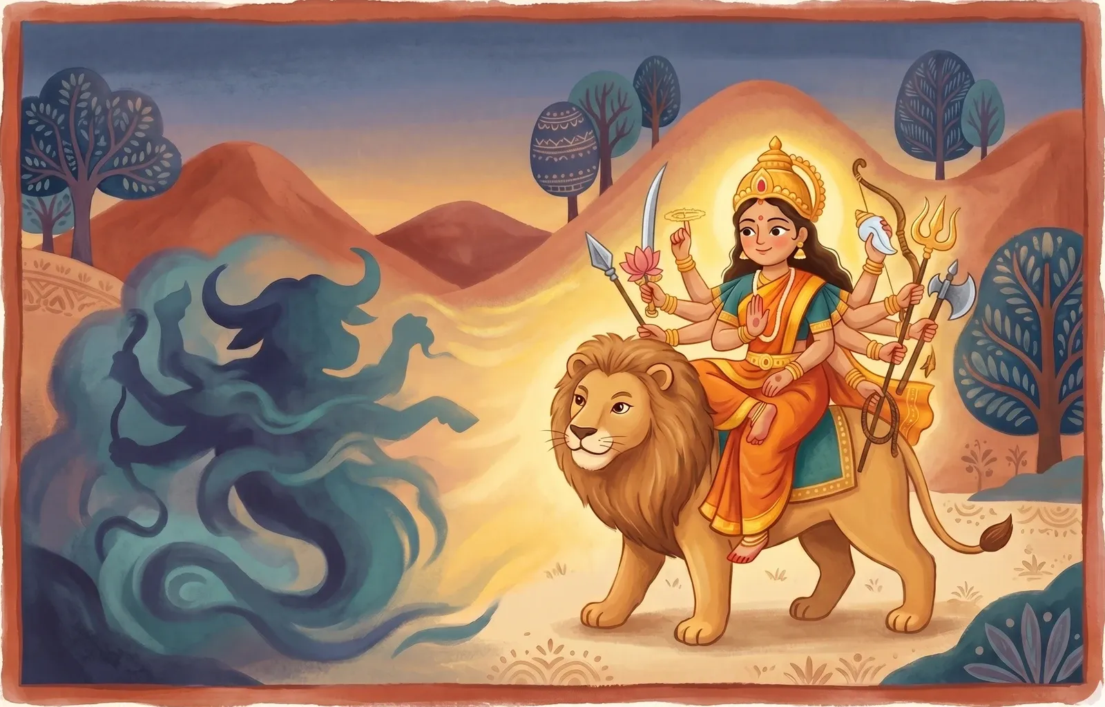 A radiant many-armed goddess riding a great lion, calm and brave, facing a shadowy shape-shifting demon.