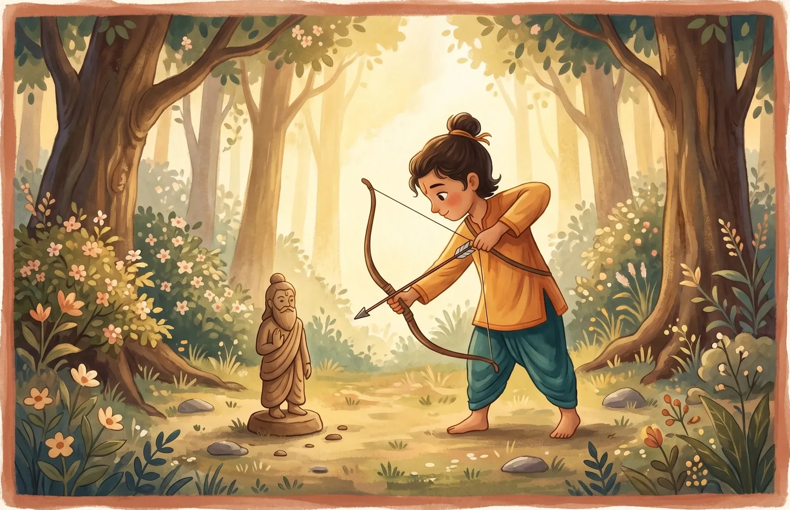 A focused young forest boy drawing a bow before a small handmade clay statue of a teacher in a quiet woodland clearing.
