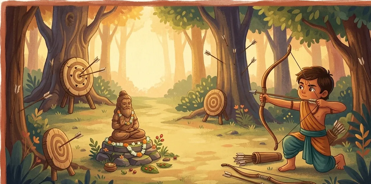 A focused forest boy kneeling and drawing his bow at wooden practice targets in a woodland clearing, while a garlanded clay statue of his teacher watches from its stone seat.