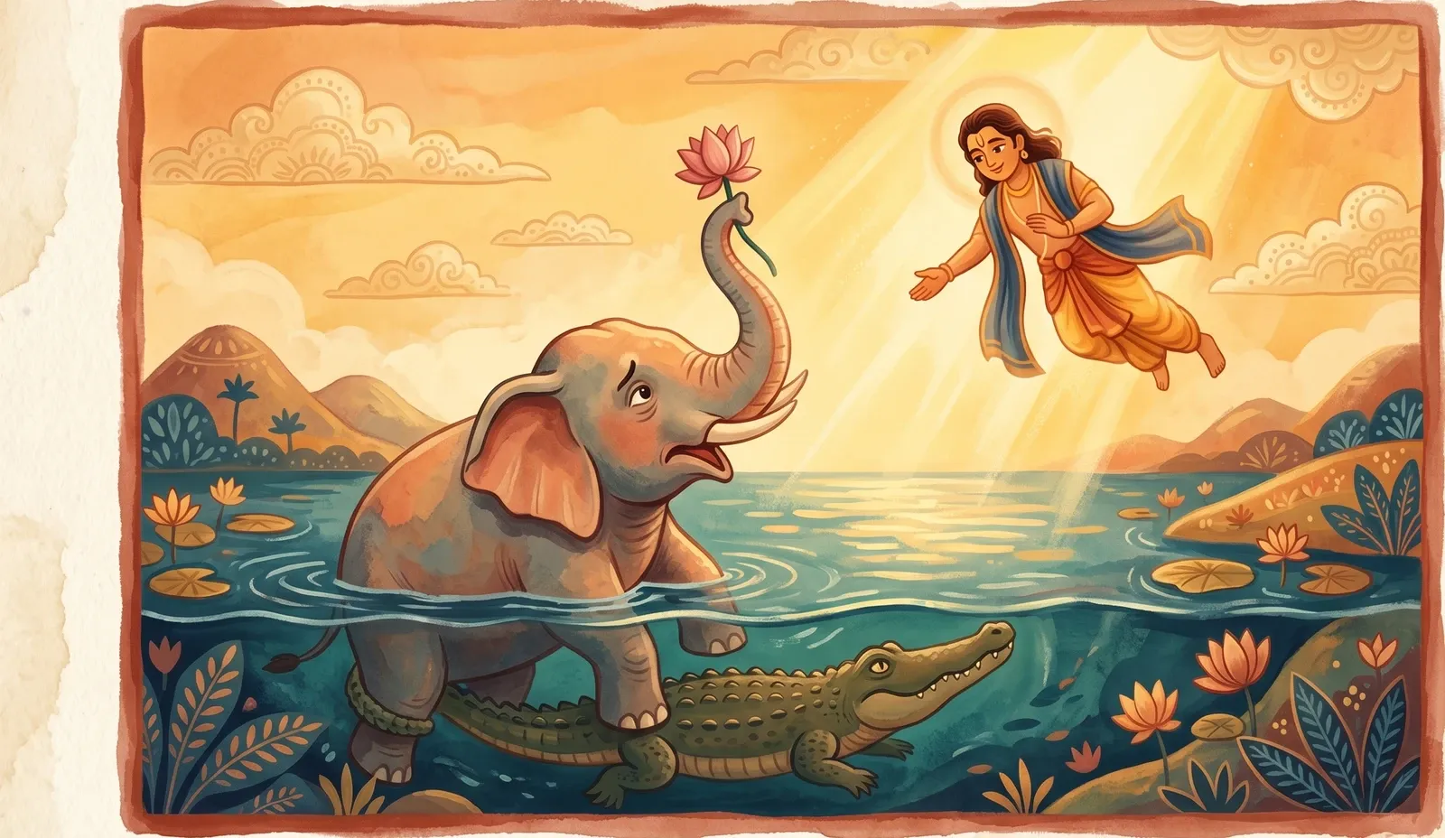 A great elephant lifting a lotus to the sky with its trunk as a crocodile grips its leg and a radiant figure descends to help.