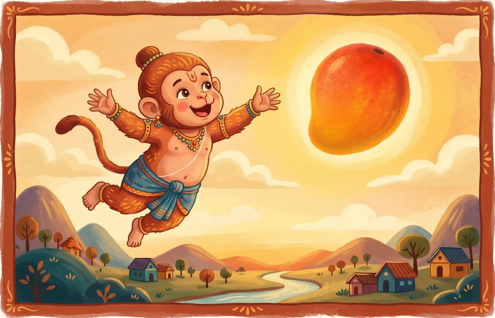 A joyful baby monkey leaping through a dawn sky toward a great golden-red rising sun that looks like a giant mango.
