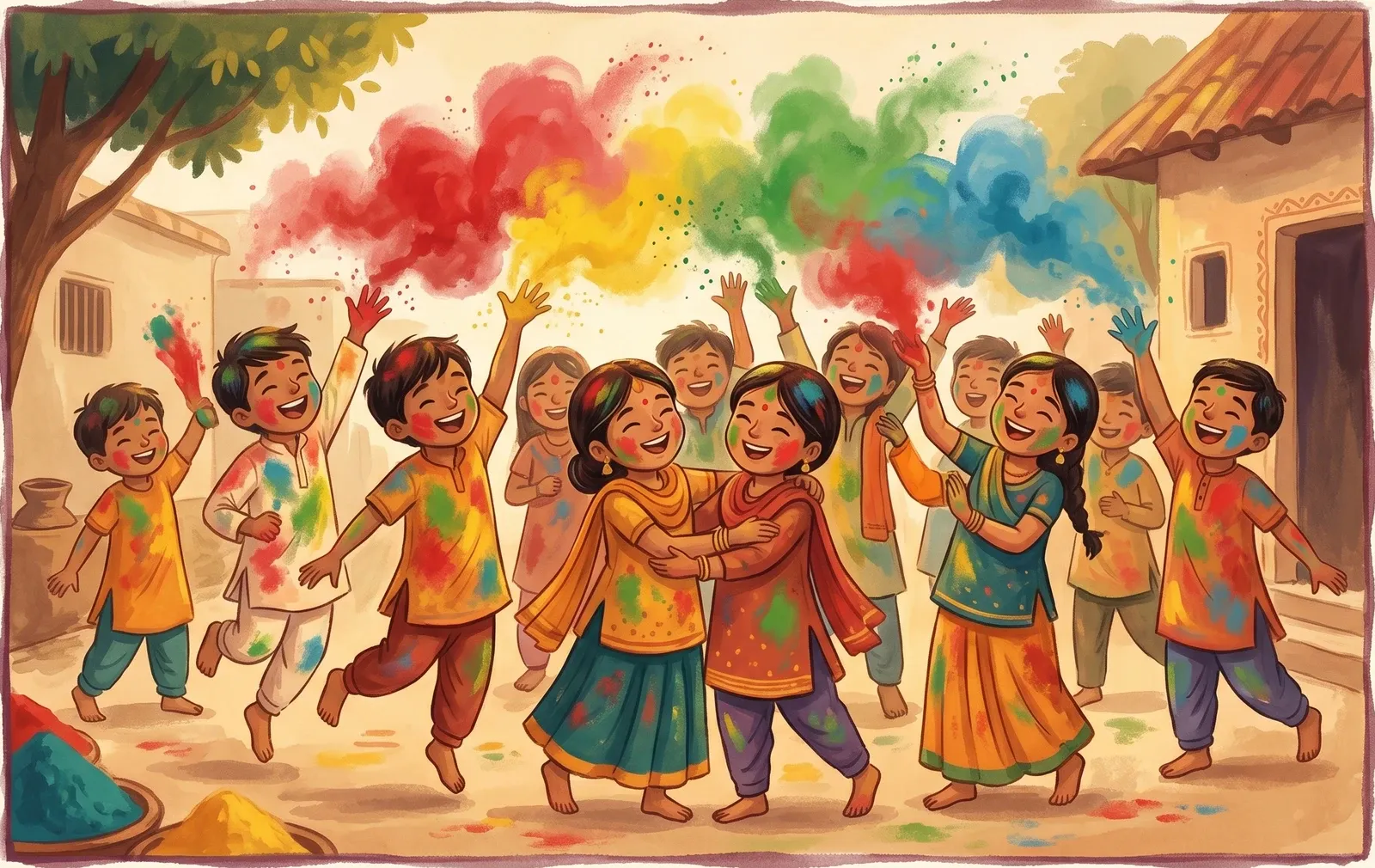 Joyful children covered in bright Holi colours throwing clouds of red, yellow, green and blue powder into the air.