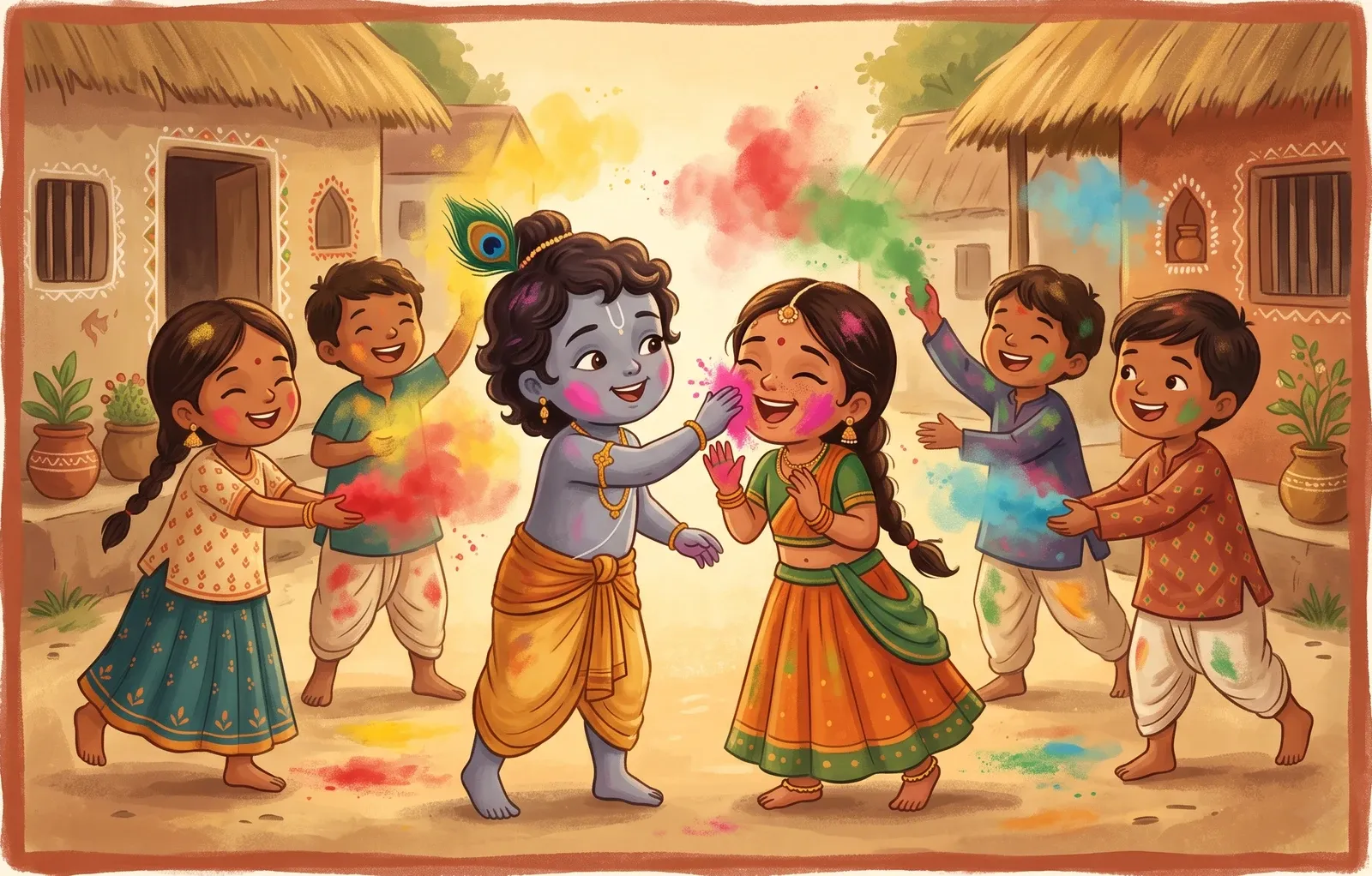 Joyful children covered in bright Holi colours throwing clouds of red, yellow, green and blue powder into the air.