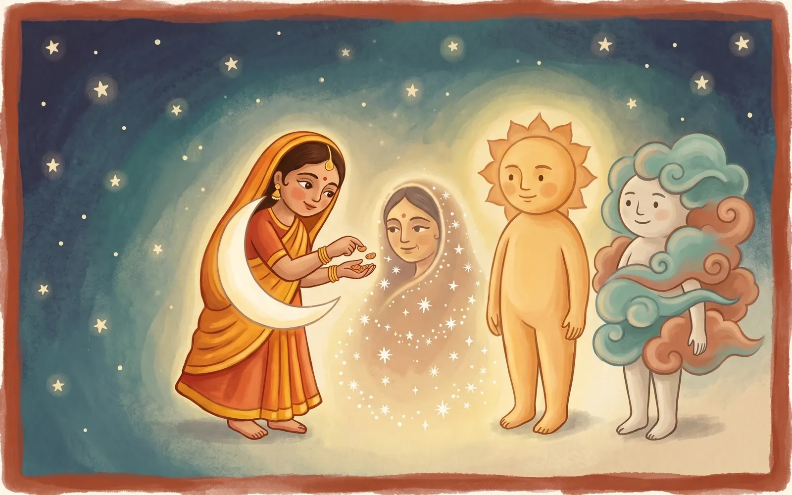 A gentle moon as a kind daughter offering saved morsels from her fingertips to her mother, a glowing star, as sun and wind stand empty-handed.
