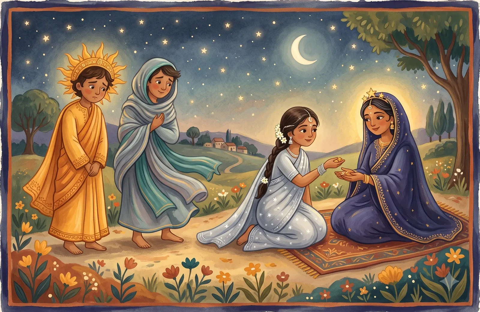 A gentle moon as a kind daughter offering saved morsels from her fingertips to her mother, a glowing star, as sun and wind stand empty-handed.