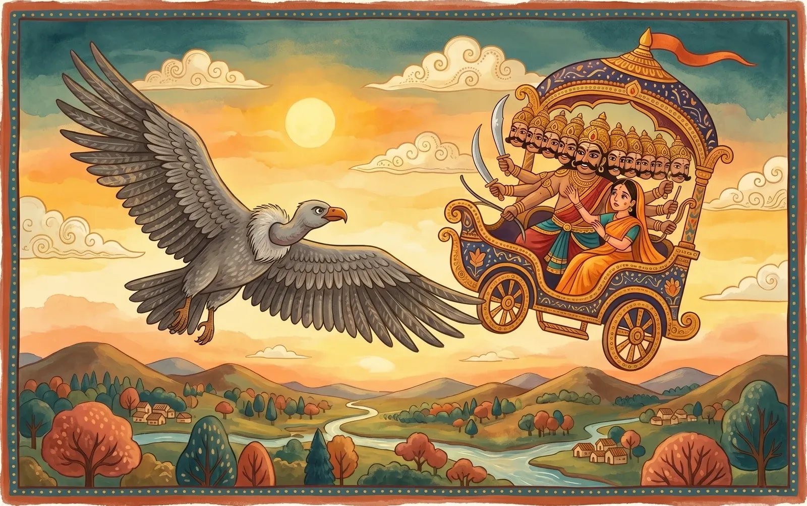 A brave old grey vulture with spread wings flying at a flying chariot where a many-headed demon holds a frightened woman.