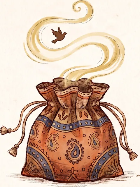 The Jhuli potli: a paisley cloth bundle with a golden swirl of stories and a small bird rising from it.