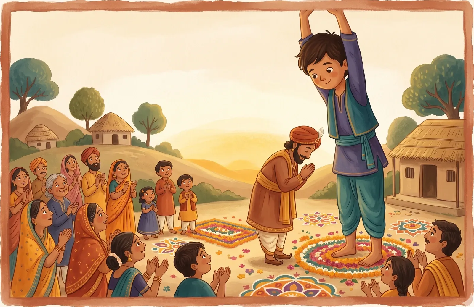 A tiny dwarf boy growing impossibly tall over a humbly bowing king, joyful villagers and flower-carpets below.