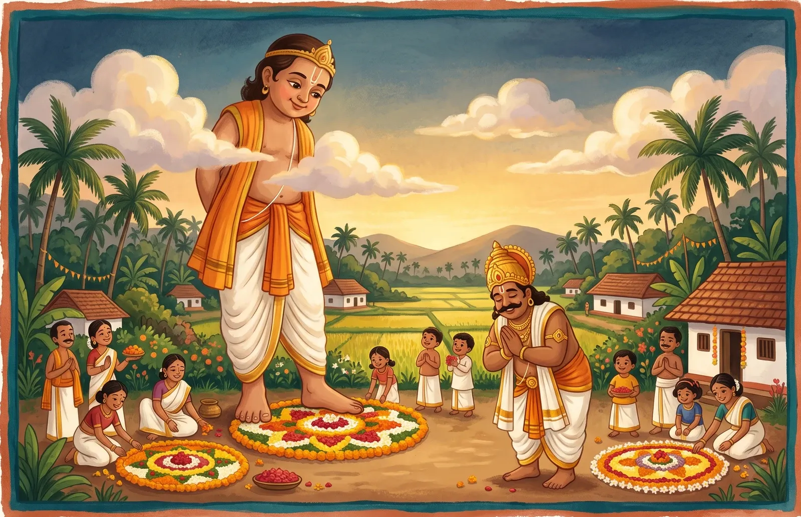 A dwarf boy grown into a gentle giant towering over a good king who stands with folded hands, villagers laying flower-carpets among Kerala palms.