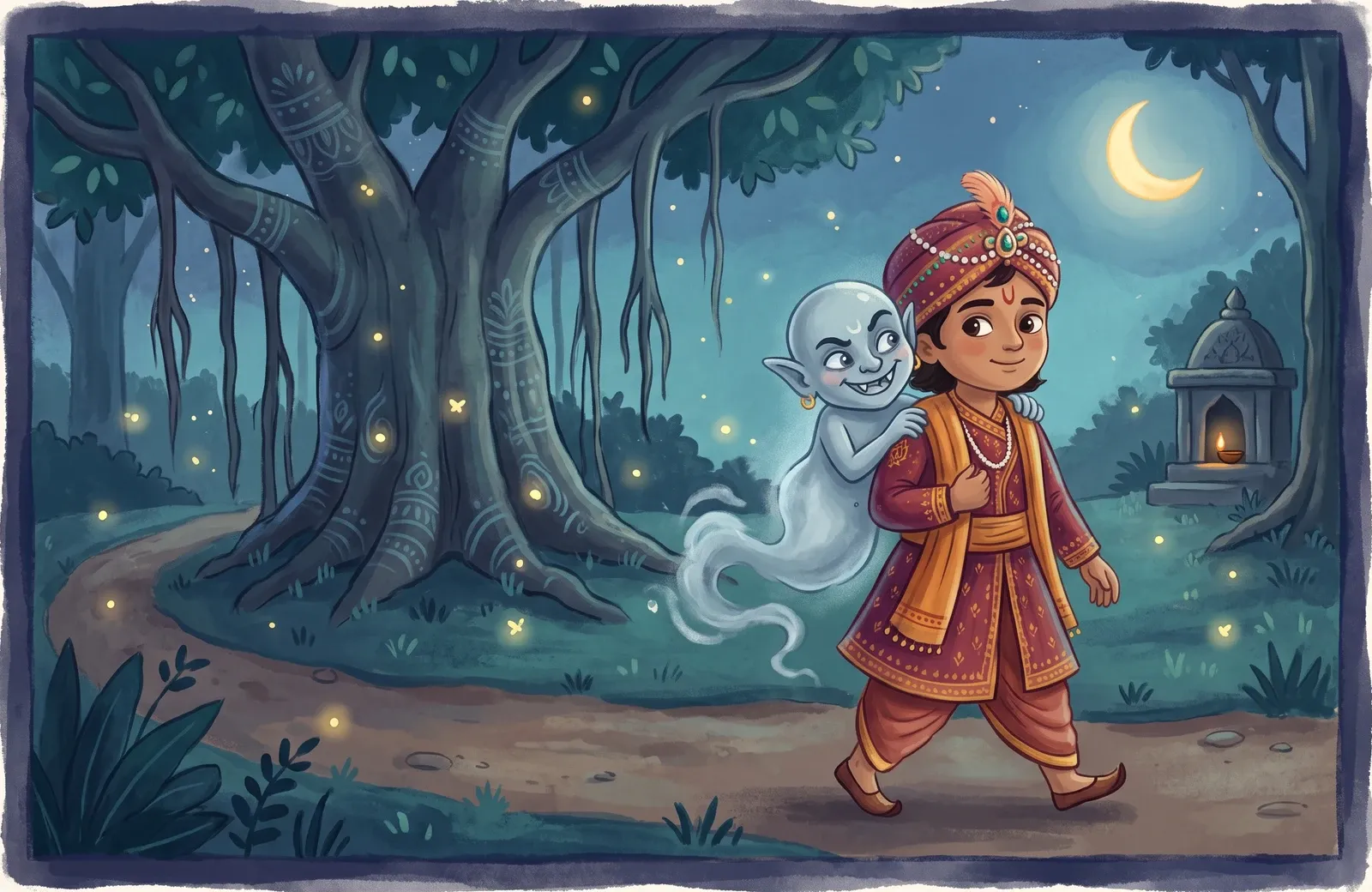 A brave crowned king striding through a moonlit forest carrying a ghostly spirit over his shoulder, fireflies in the dark.