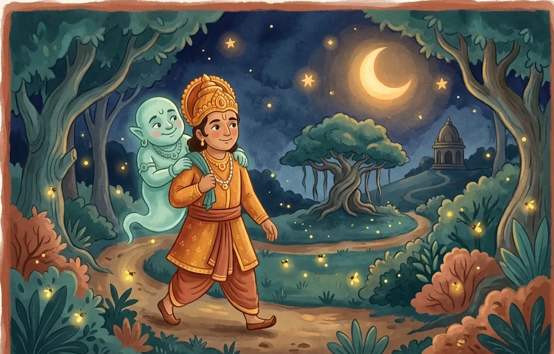 A brave crowned king striding through a moonlit forest carrying a ghostly spirit over his shoulder, fireflies in the dark.