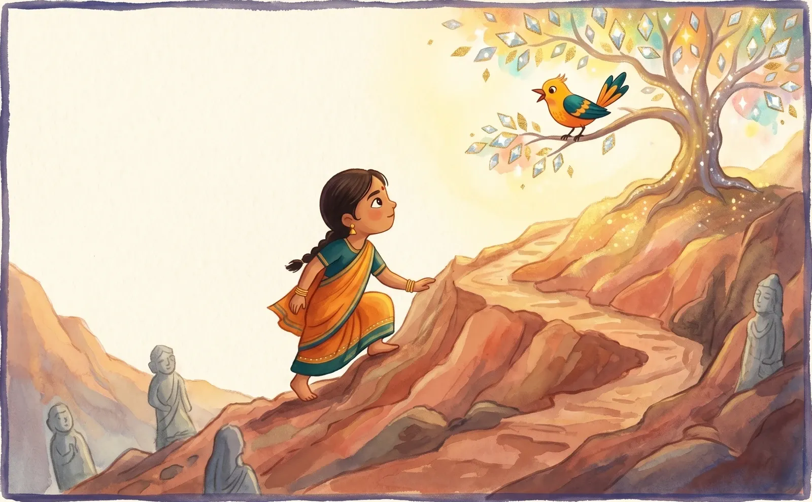 A brave girl climbing a steep mountain with her eyes fixed ahead, a diamond tree and a talking bird at the summit, grey stones below.