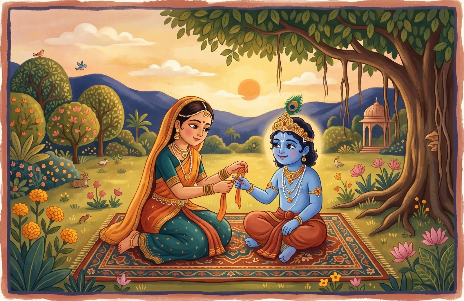 A kind princess tying a strip of cloth around a blue-skinned boy-god's finger, both smiling softly.