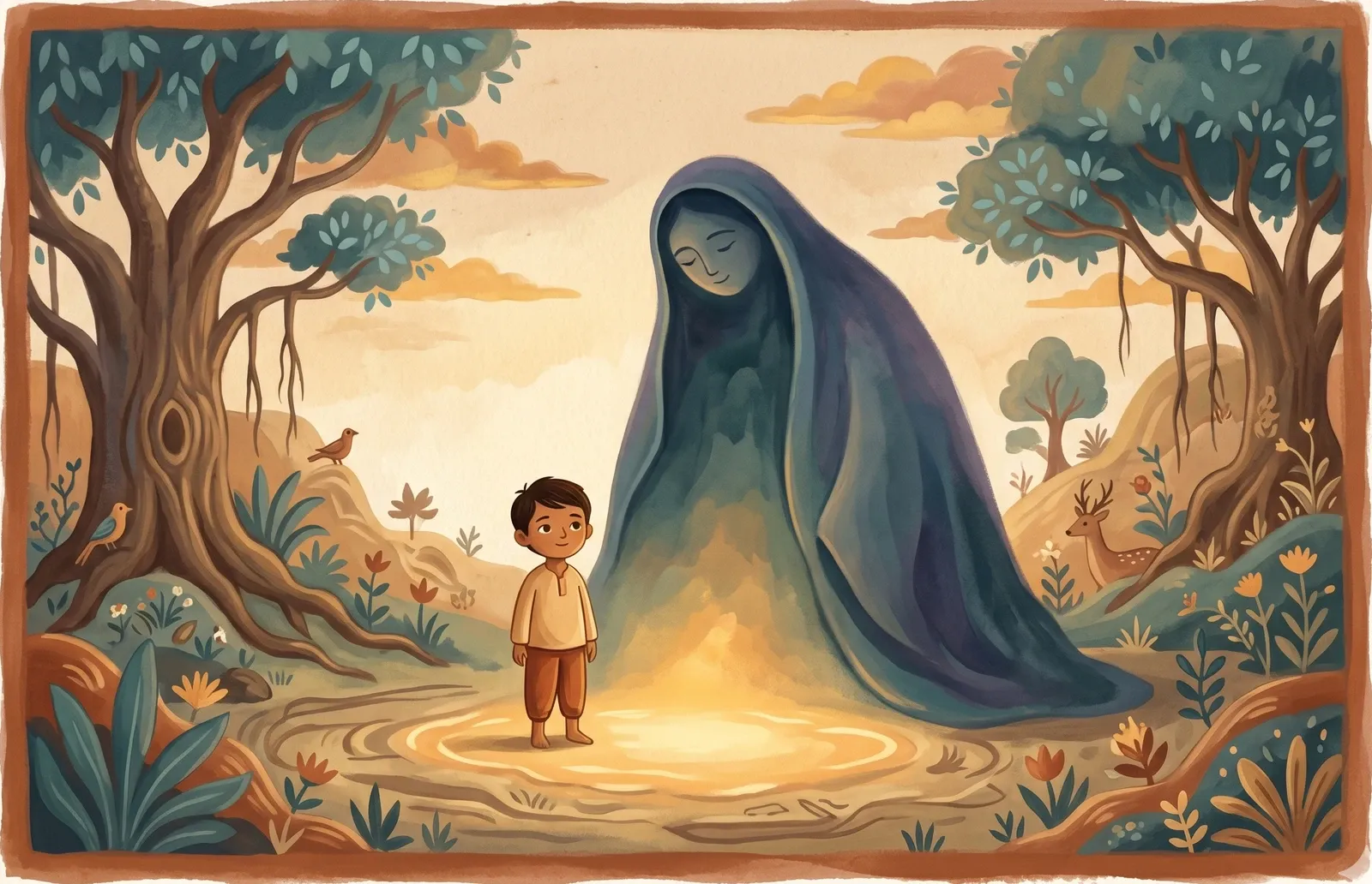A small calm boy standing bravely before a great shadowy but gentle figure, soft warm light glowing between them.