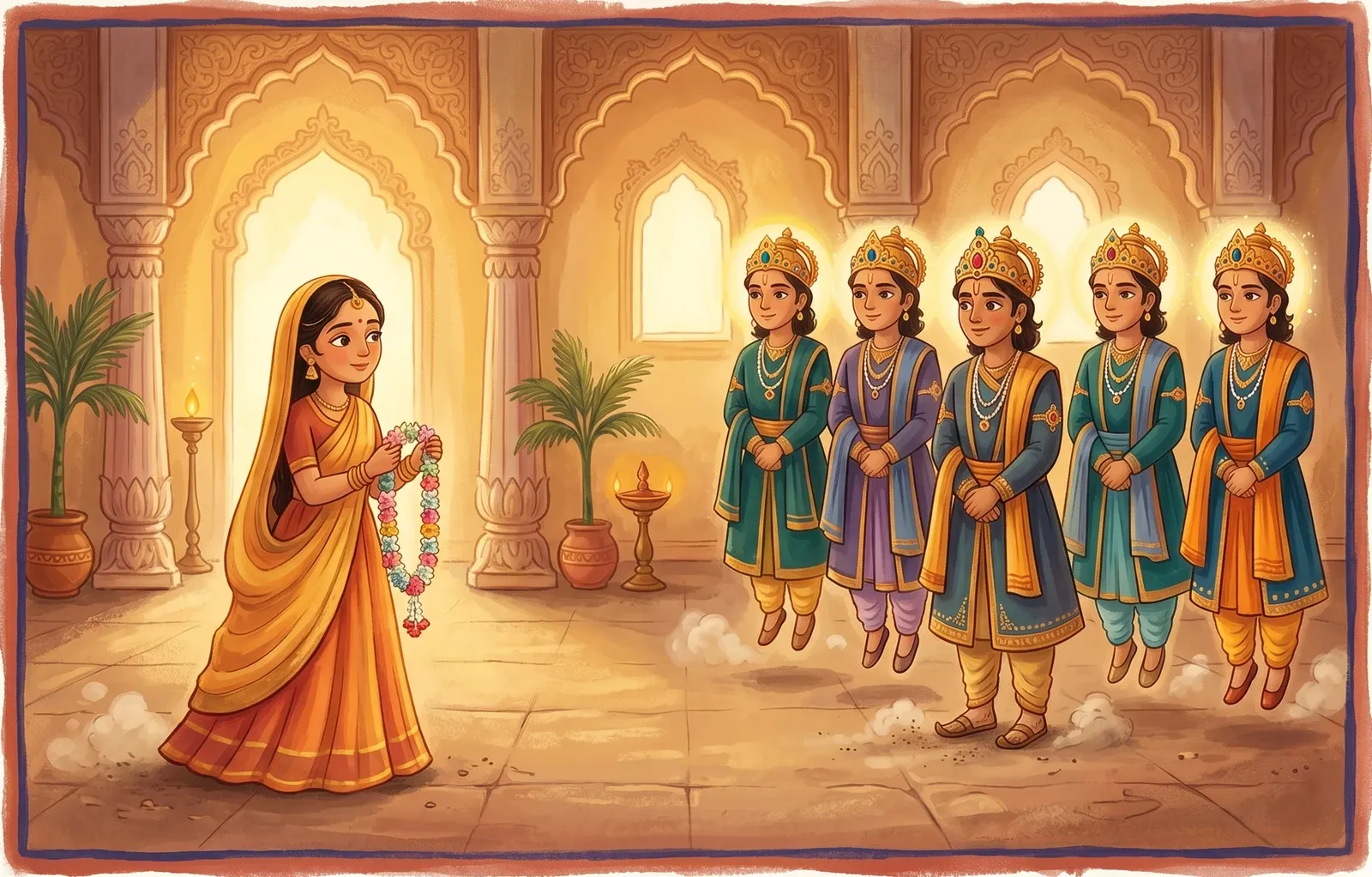 A graceful princess holding a flower garland, choosing among nearly identical princes, one standing humanly with feet on the ground.