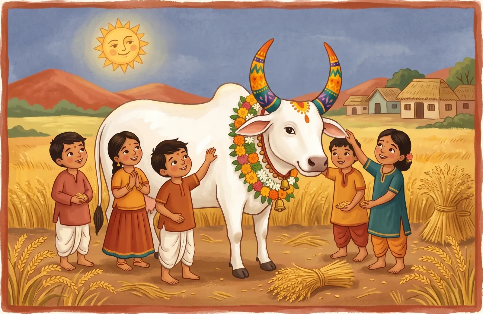 A big friendly white bull with painted horns and a flower garland in a sunny harvest field as children thank it.