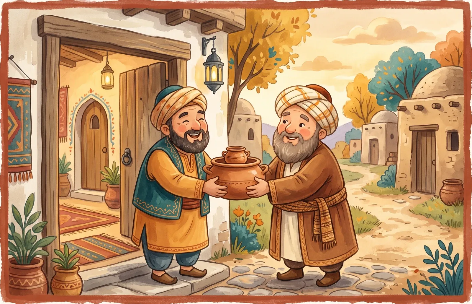 A smiling turbaned man handing a large round cooking pot with a tiny pot nestled inside it to a delighted neighbour at a doorway.