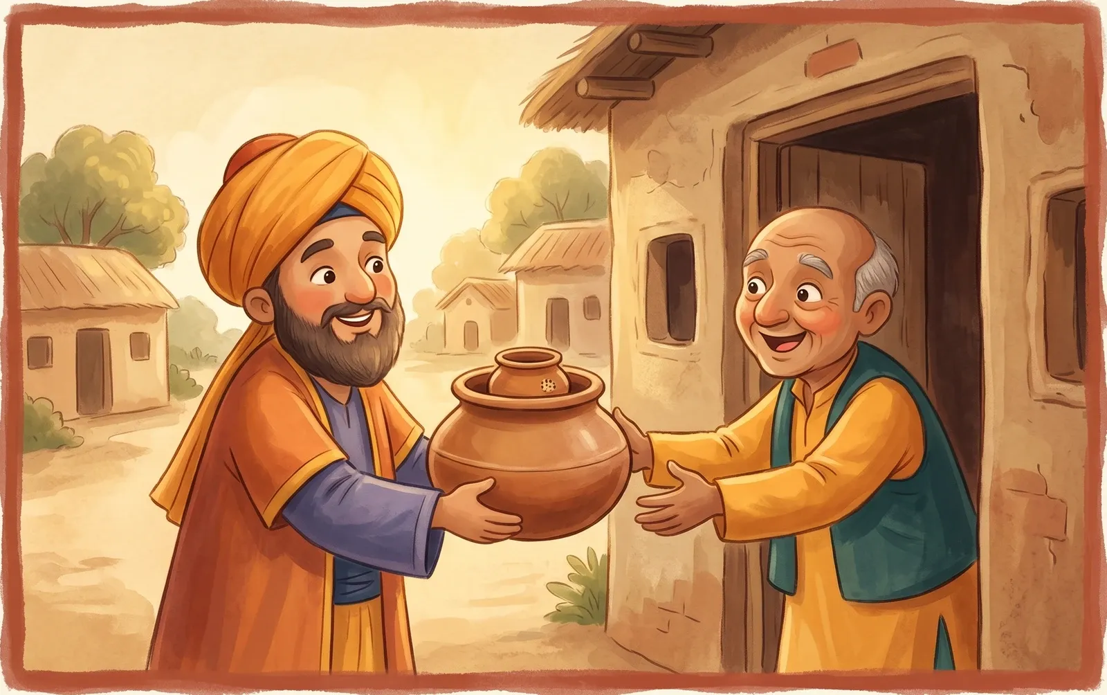 A smiling turbaned man handing a large round cooking pot with a tiny pot nestled inside it to a delighted neighbour at a doorway.