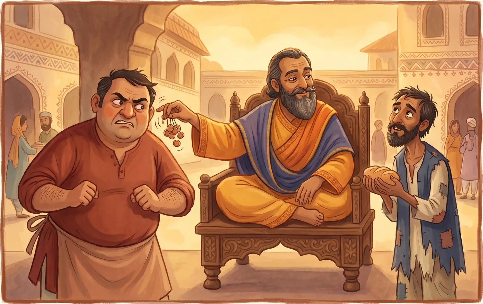 A wise judge jingling coins beside a grumpy cook's ear as a poor man holding bread looks on hopefully.