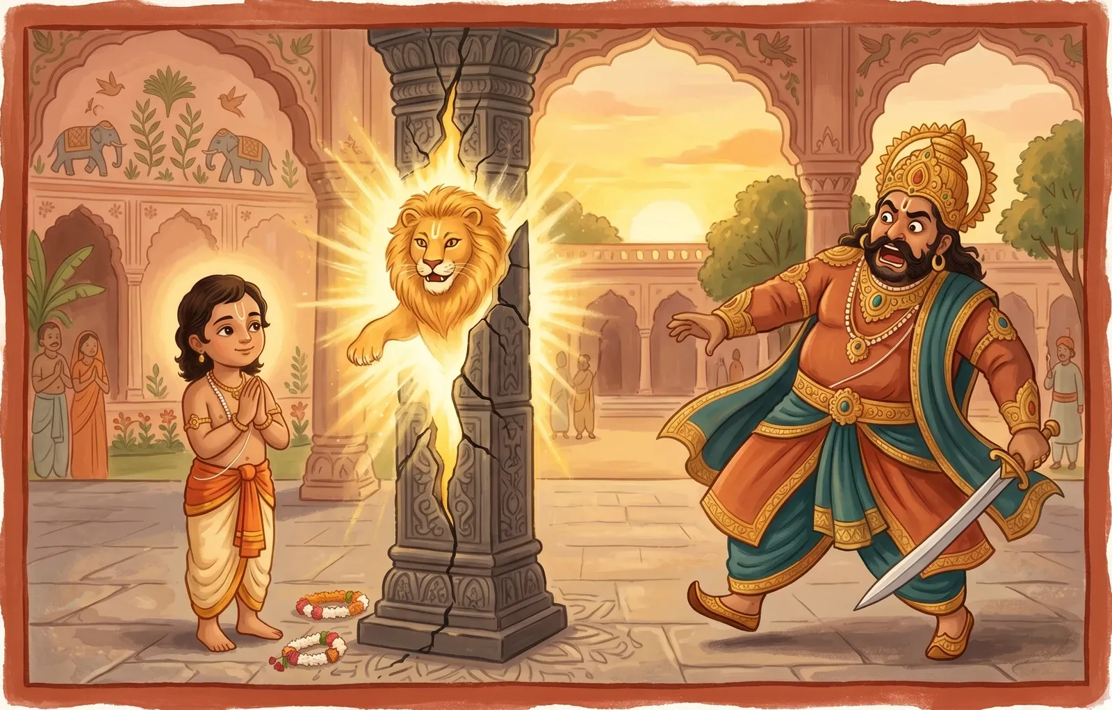A calm boy with folded hands before a cracking stone pillar glowing with golden light as a startled demon king steps back.