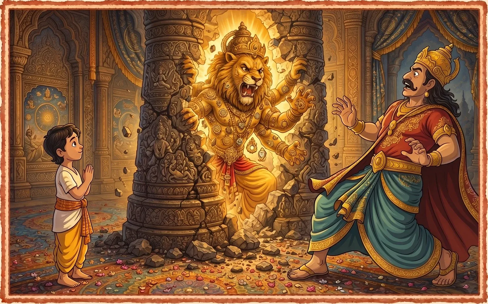 A calm boy with folded hands as fierce golden Narasimha, the man-lion, bursts roaring from a cracked pillar and the startled demon king recoils.