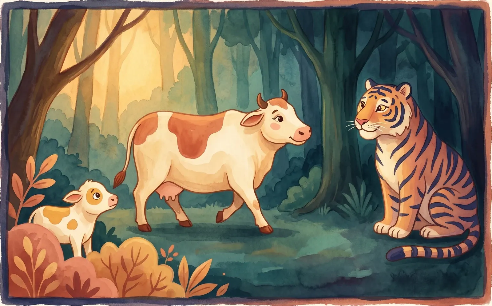 A gentle cow walking bravely back toward a waiting tiger in a darkening forest, her calf watching from behind.