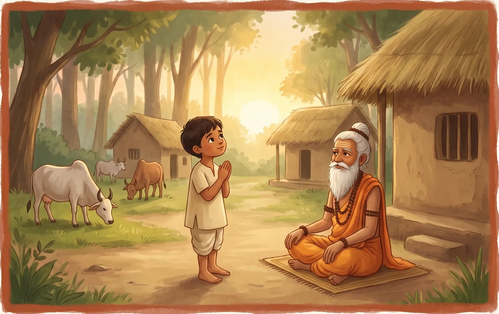 A humble boy standing honestly before a kind old sage outside a simple forest hermitage, cows grazing in soft morning light.