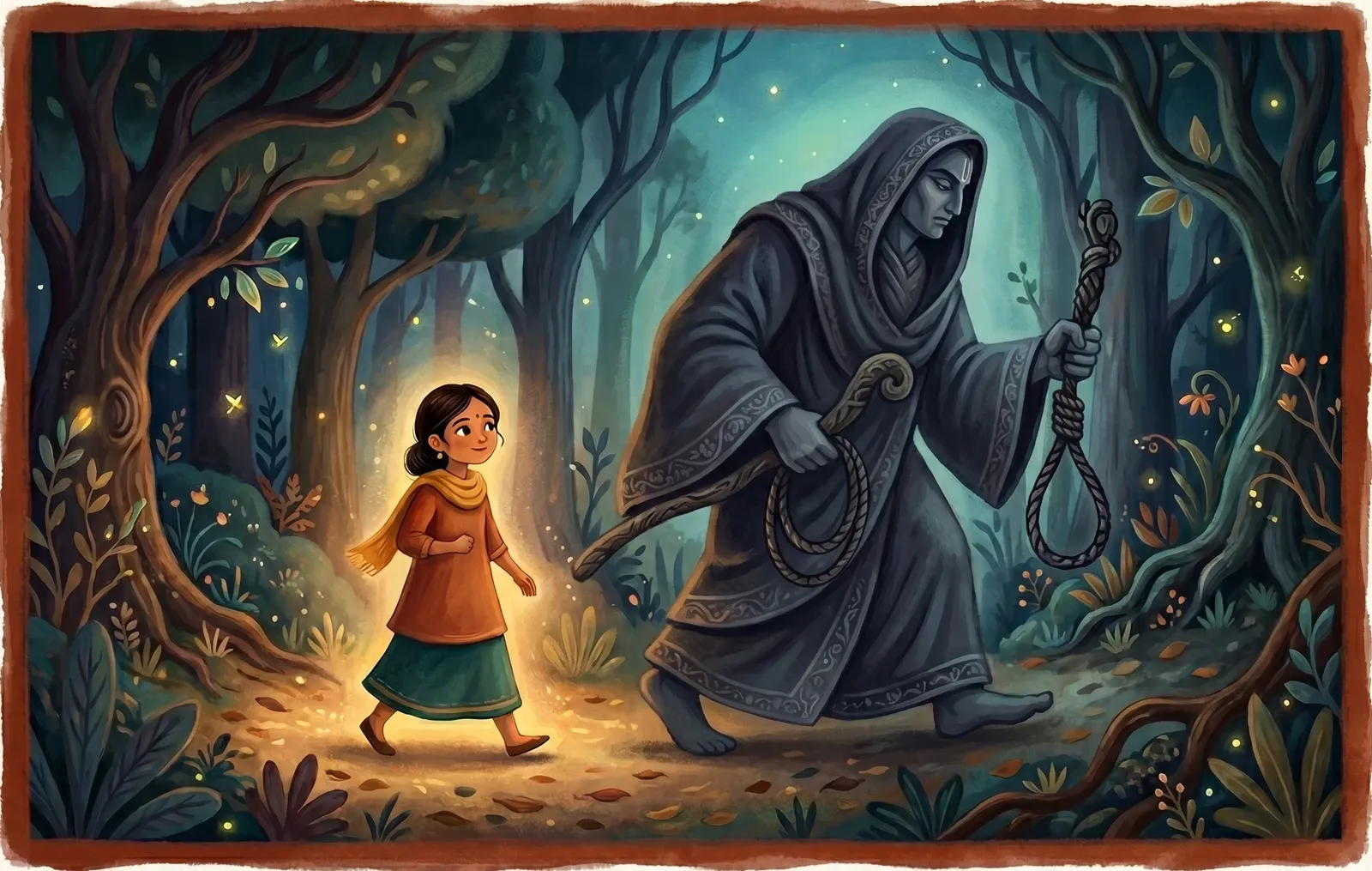 A calm, determined young woman walking steadily behind a great shadowy figure through a dim forest, soft light around her.
