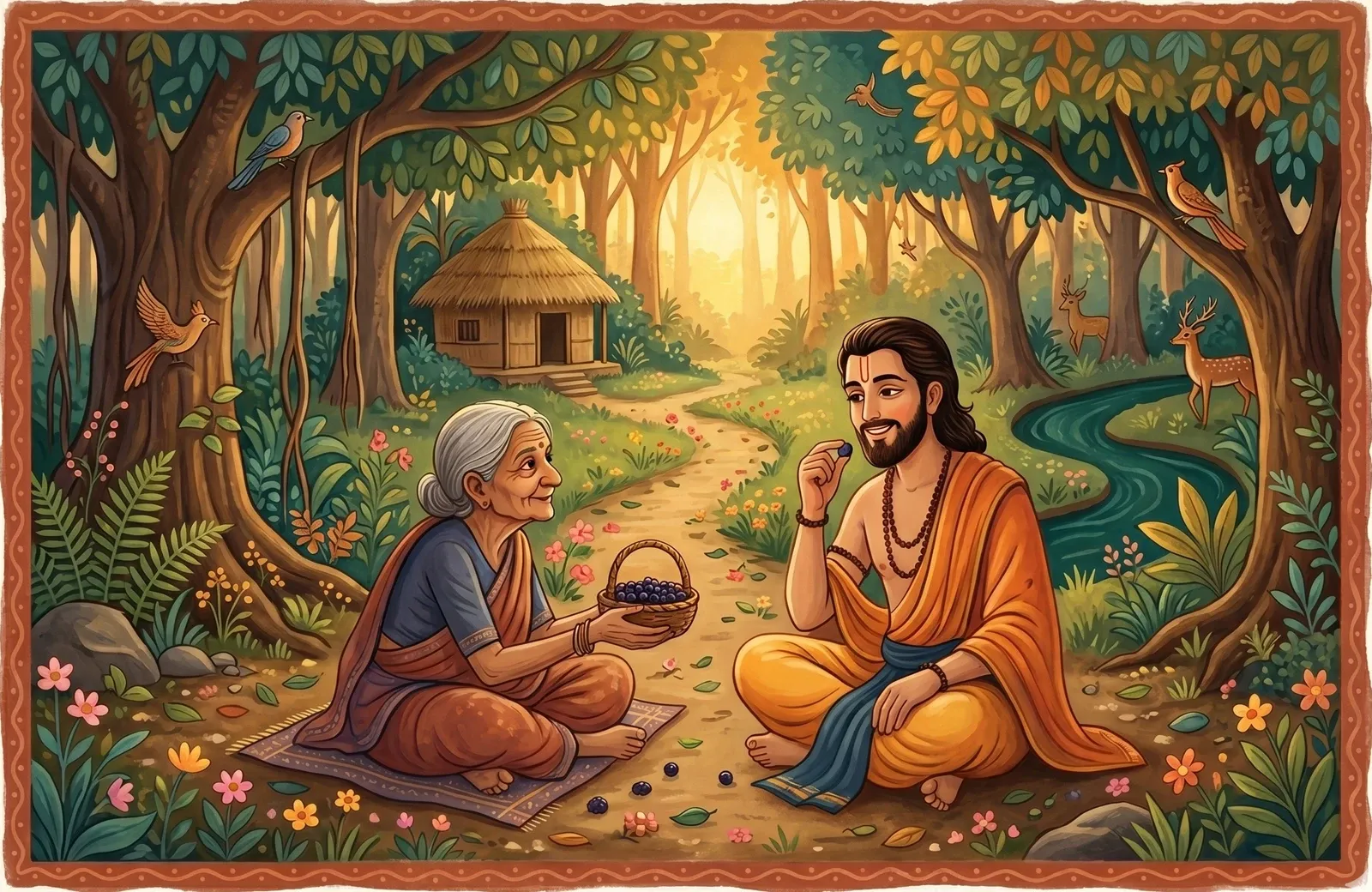 A frail old forest woman offering a small basket of dark berries to a gentle young man who eats one with a warm smile.
