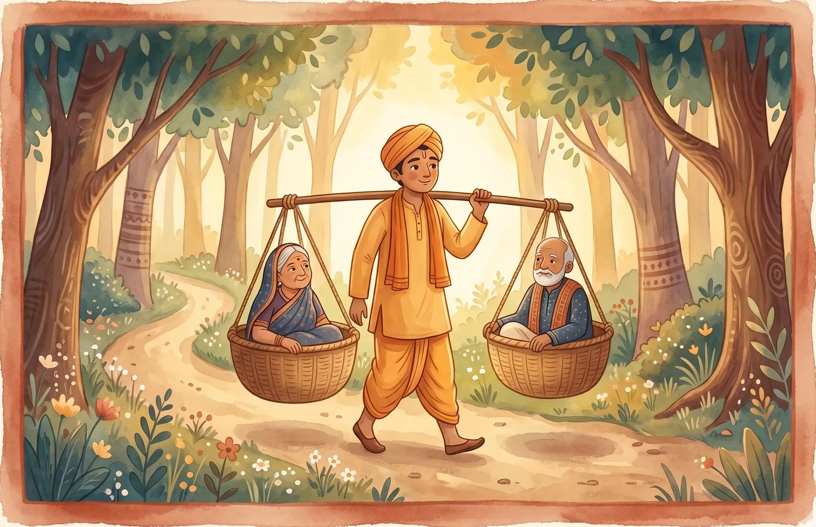 A young man walking a forest road carrying a pole across his shoulders with an elderly parent seated in a basket at each end.