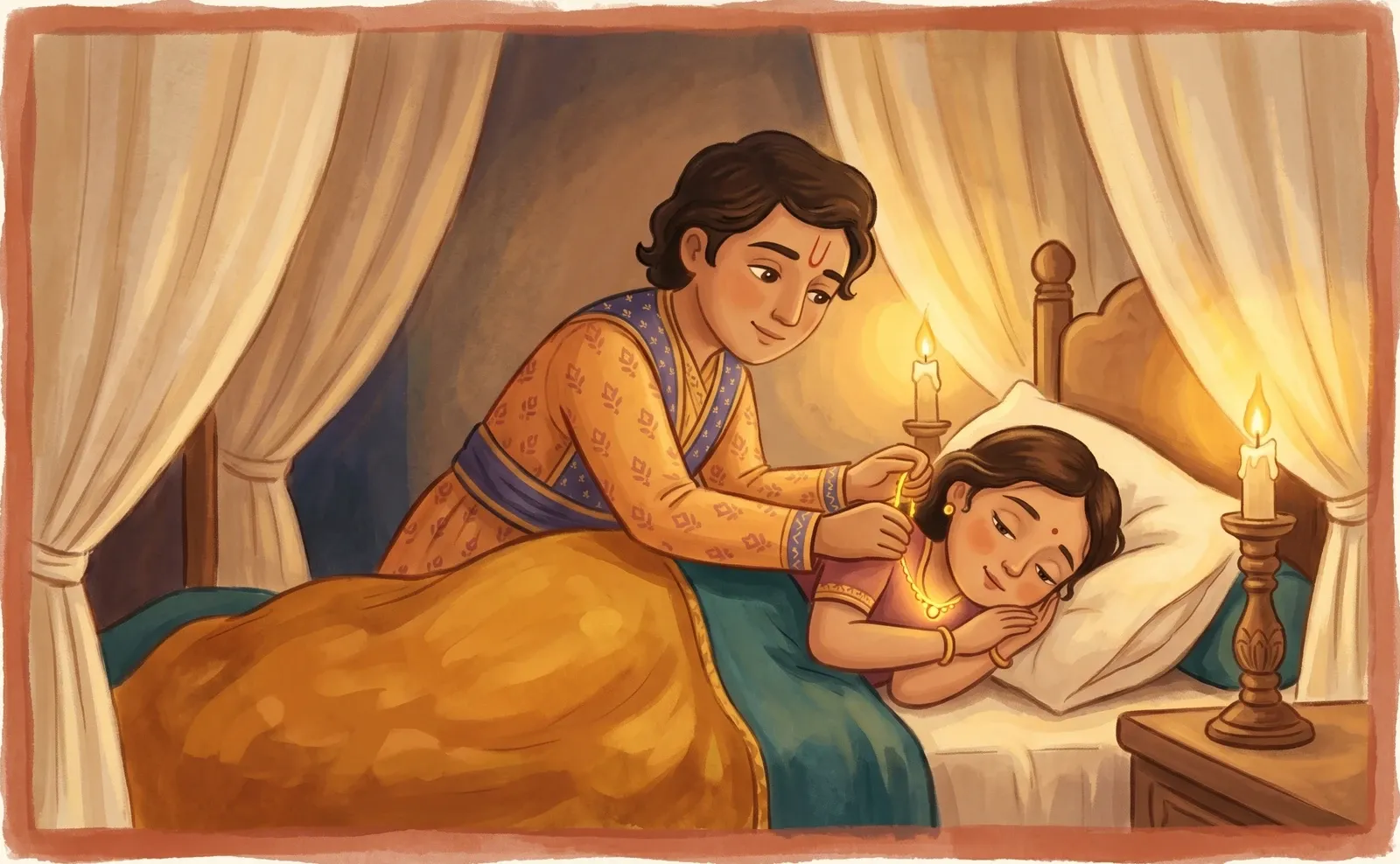 A gentle prince at night clasping a glowing golden necklace back around a waking princess's neck by candlelight.