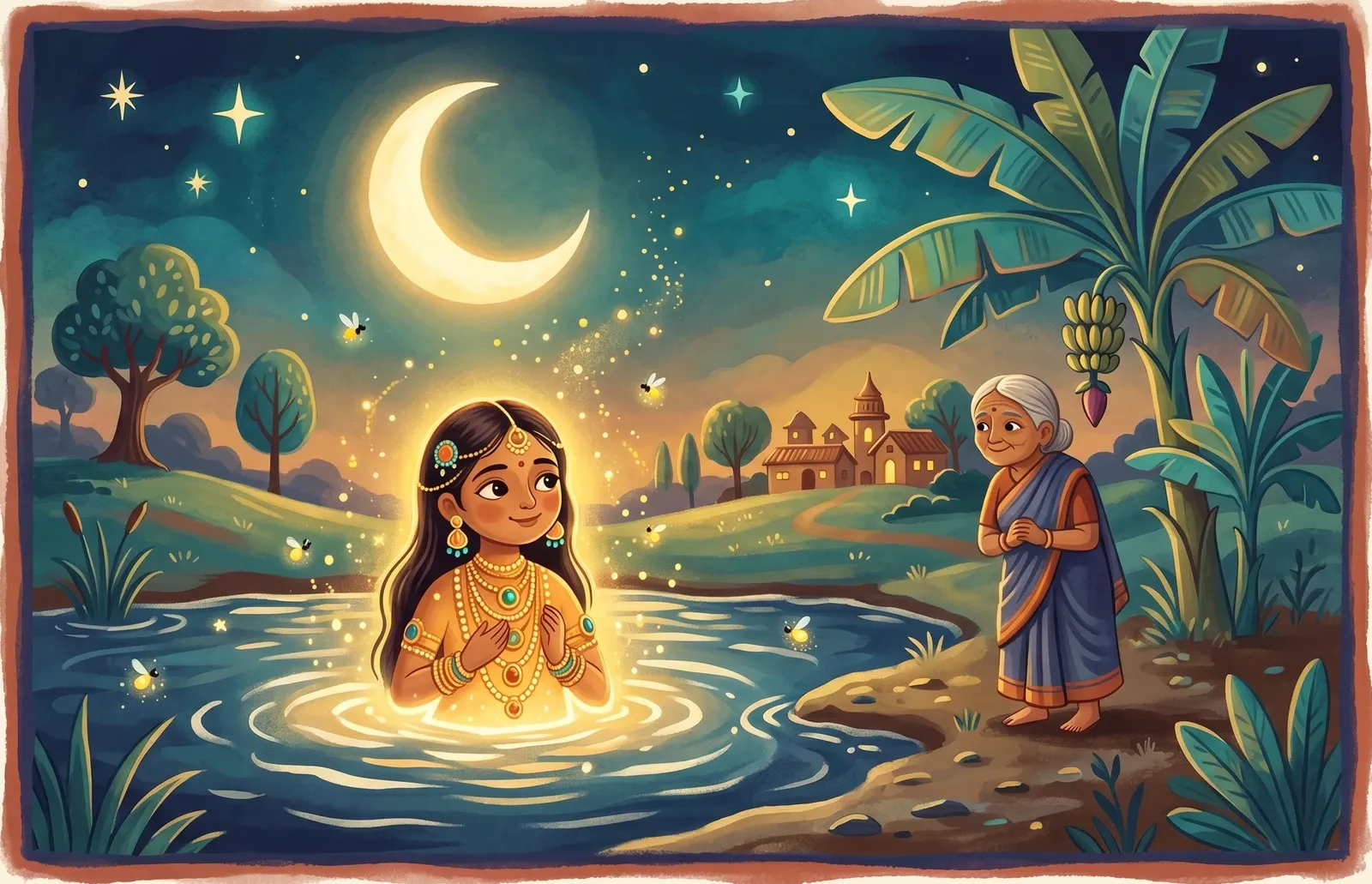 A kind girl rising glowing from a moonlit pond covered in gold and jewels, a gentle old woman and a banana tree nearby.