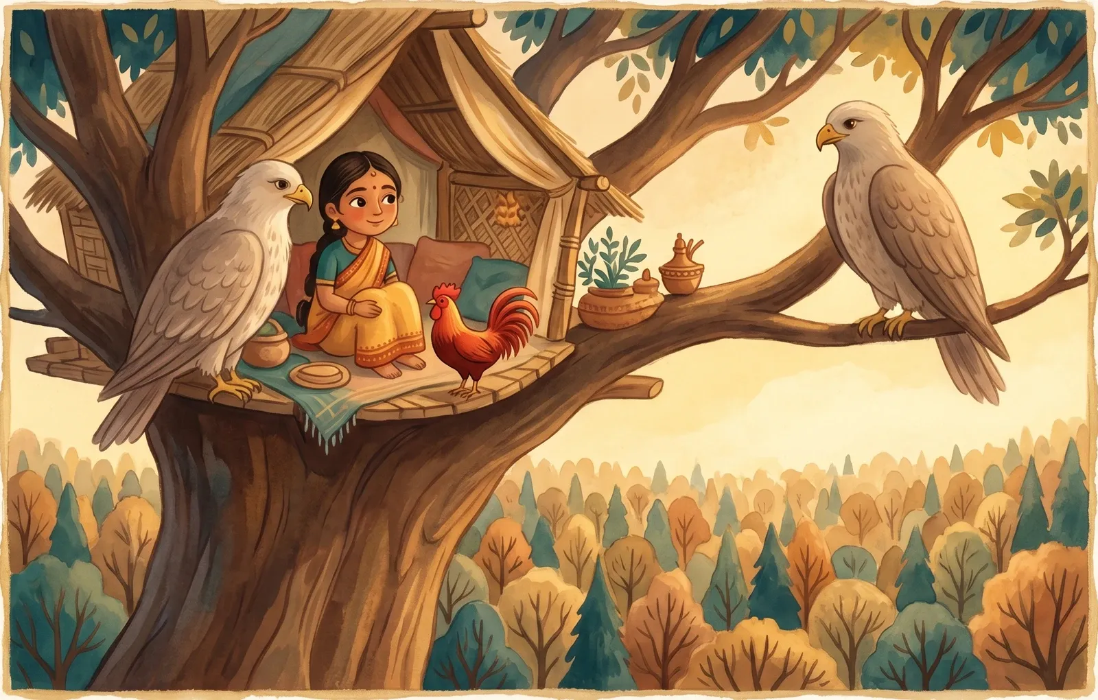 A kind girl in a cosy home high in an enormous tree with two gentle eagles and a bright red cockerel, forest spreading below.