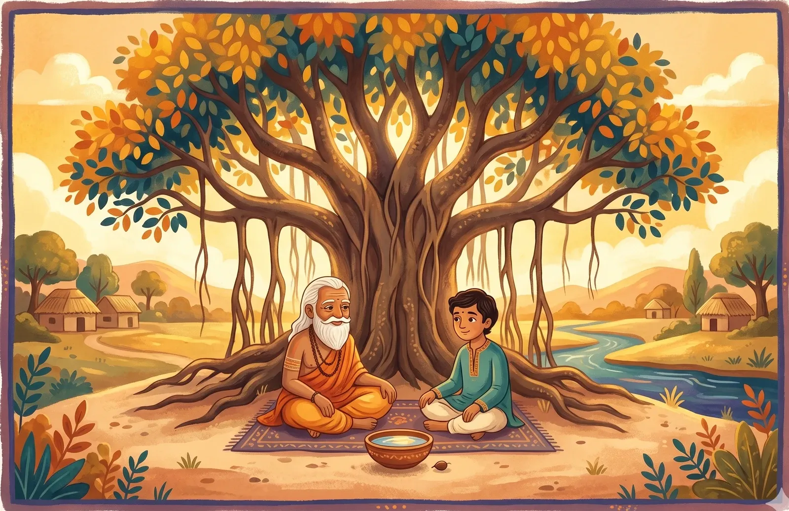 An old sage and a young man beneath a vast banyan tree, a bowl of water and a tiny seed on the ground between them.