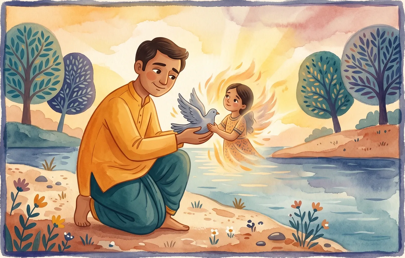 A loving father kneeling by a river, cupping a small grey dove in his hands as it shimmers back into a girl.