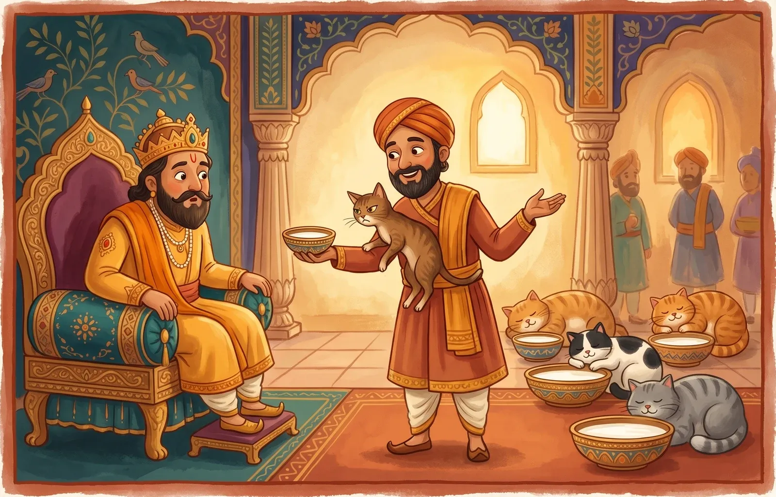 A witty courtier presenting a lean alert cat that turns from a bowl of milk while plump cats lounge by full milk bowls.