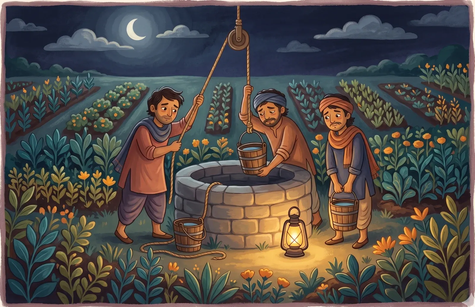 Three weary thieves hauling water from a stone well in a moonlit garden, the plants around them growing lush and green.