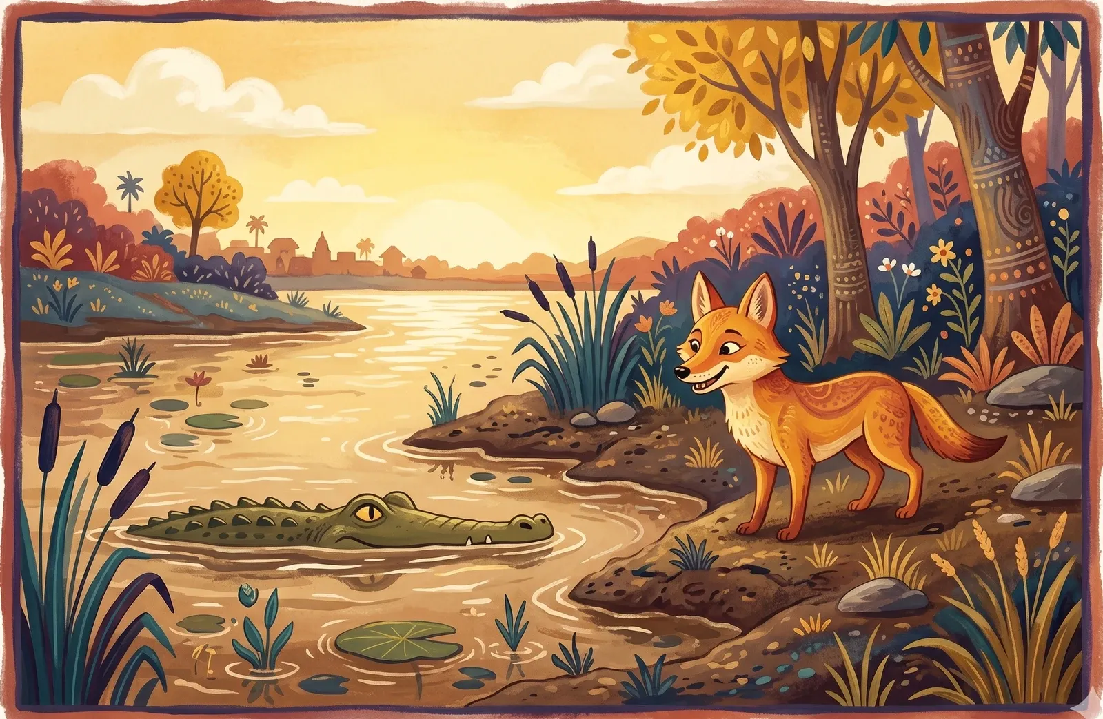 A clever little jackal grinning knowingly on a muddy riverbank as a big alligator peeks up from the shallow water.