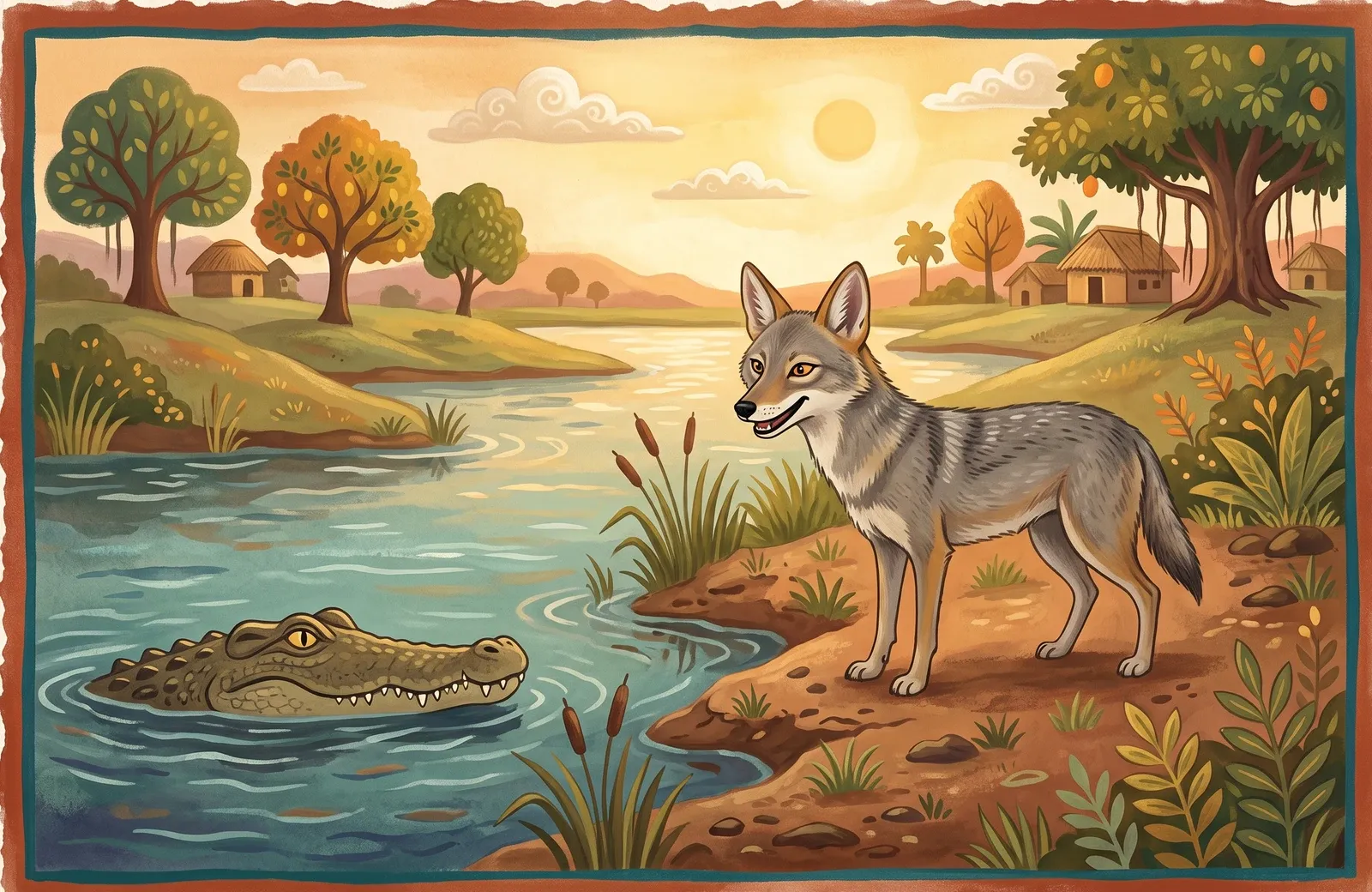 A clever little jackal grinning knowingly on a riverbank as a big crocodile peeks up from the shallow water with just its eyes and snout showing.
