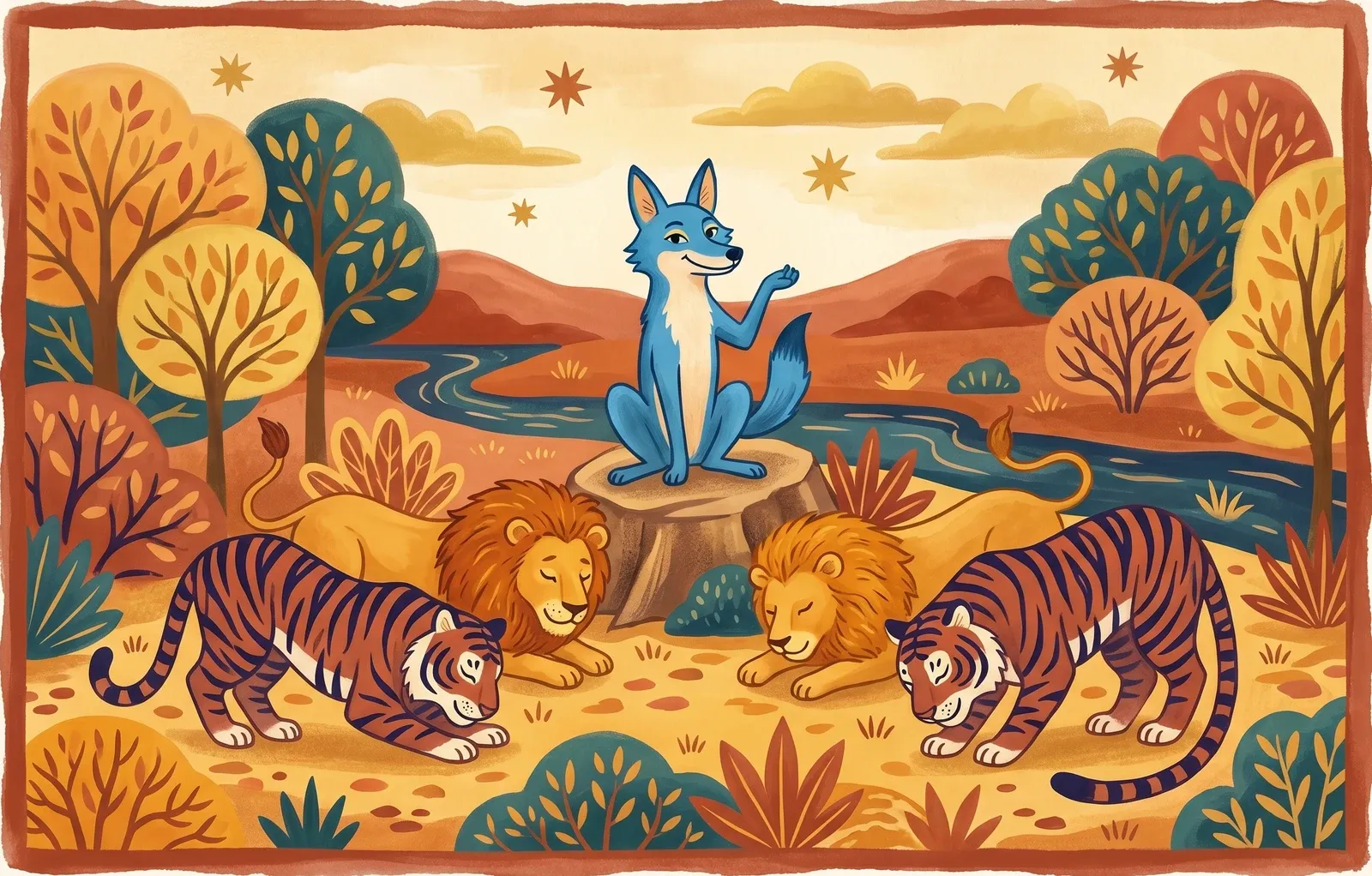 A bright blue jackal sitting grandly on a rock like a king while lions and tigers bow before him.