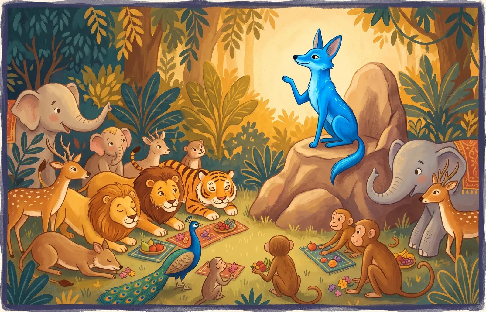 A bright blue jackal sitting grandly on a rock like a king while lions and tigers bow before him.
